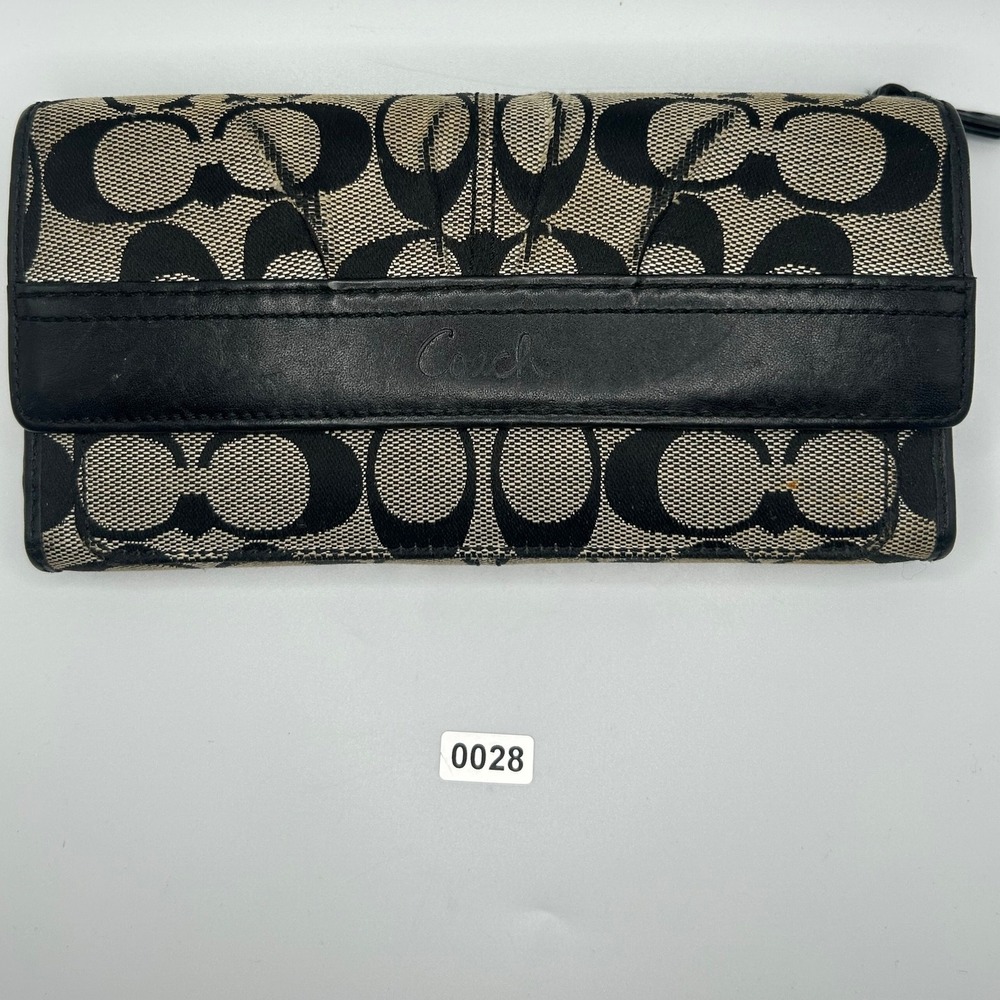 Coach Signature C Monogram Trifold Wallet Black Leather Tan‎ Canvas
